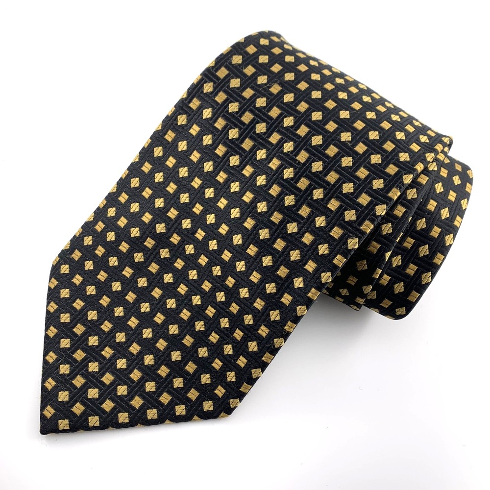 Umo Lorenzo Mens Tie Gold on‎ Black Foulard Geometric Pattern 100% Poly Luxury